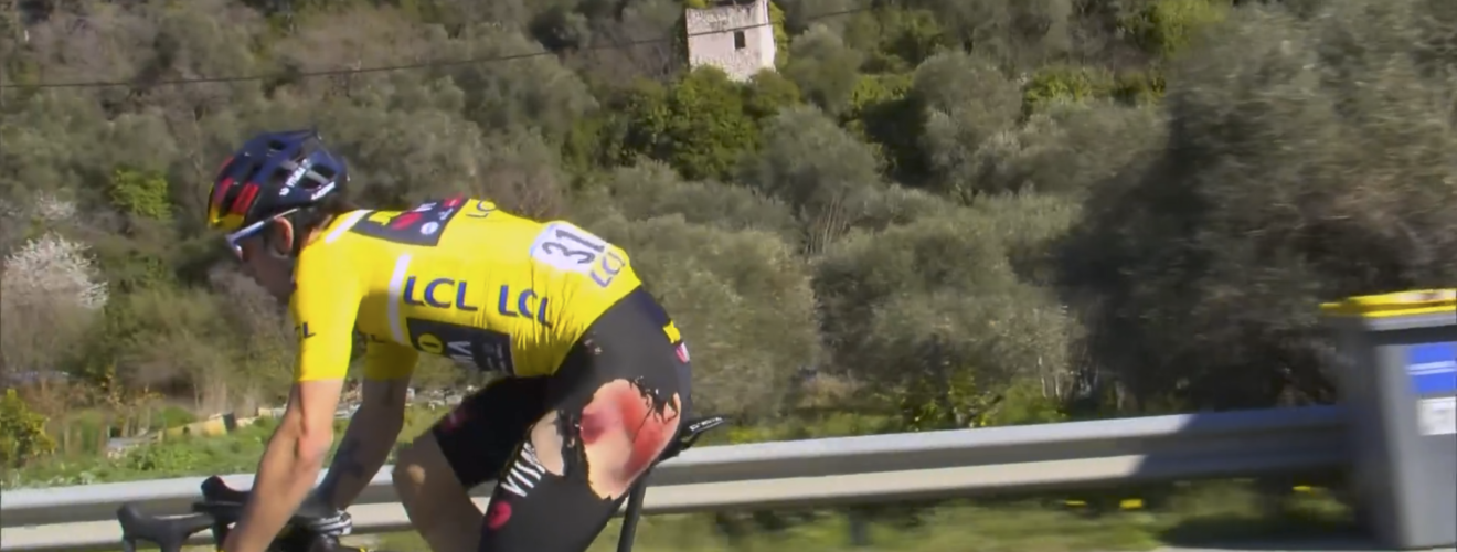 Roglic marqué à la cuisse après ses chutes. Crédit : Eurosport.